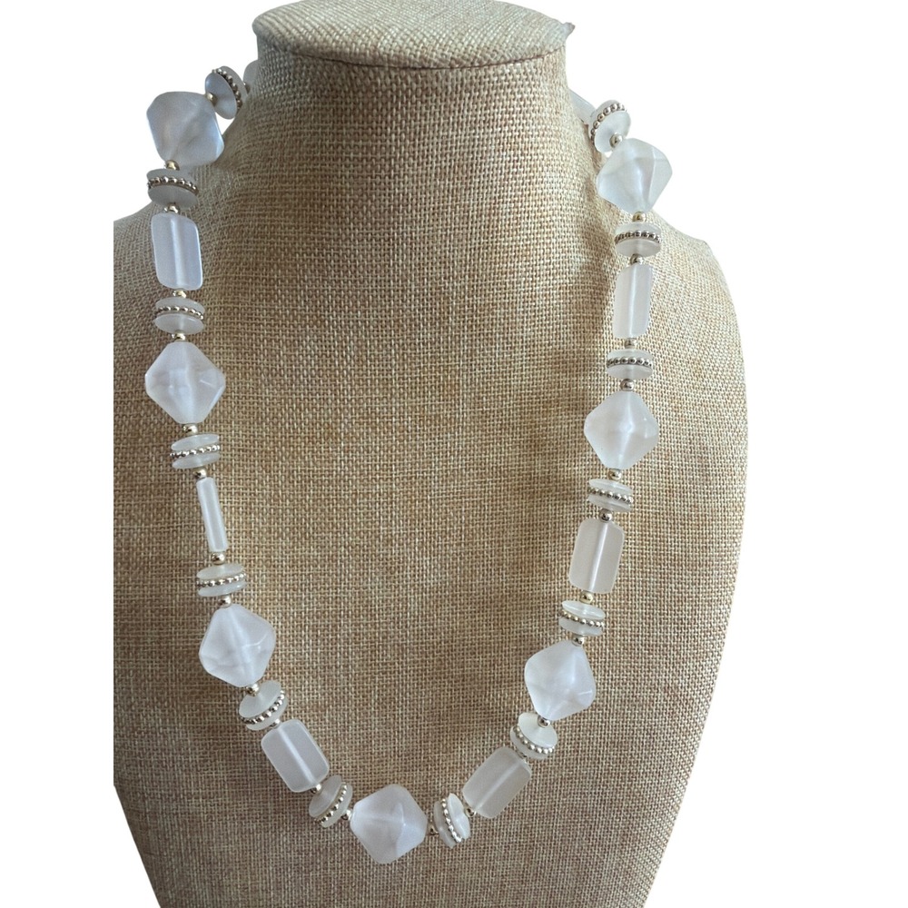 Frosted White Glass Geometric Bead Necklace Gold Tone Accents Coastal